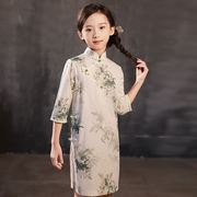 女童旗袍裙中国风2023春夏儿童，改良连衣裙中大童复古印花中袖