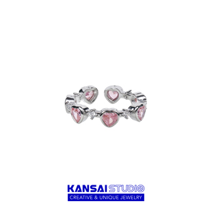 kansai环绕粉色爱心水钻，戒指开口设计小众，高级感女生甜酷指环