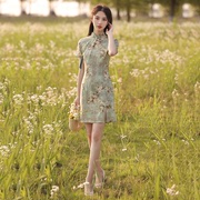 旗袍2023年女绿色小个子短款高雅民国复古日常改良连衣裙夏季