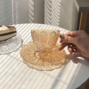 ins咖啡杯套装轻奢北欧小玻璃杯碟创意太阳花拿铁小精致欧式碟子