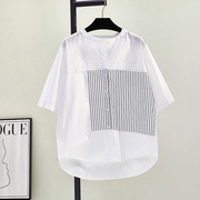 白色圆领竖条纹拼接短袖衬衫，女2024夏季新韩版宽松休闲薄衬衣上衣