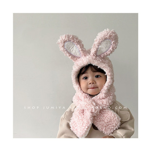 女宝帽子2024秋冬ins韩国两件套可爱兔子女童，洋气加厚毛绒一体帽