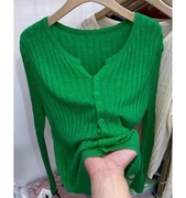 欧货绿色气质针织开衫女装早春软糯内搭打底毛衣洋气显瘦上衣