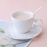 欧式浮雕纯白色咖啡杯碟套装创意陶瓷早餐牛奶杯蕾丝杯碟子带勺子