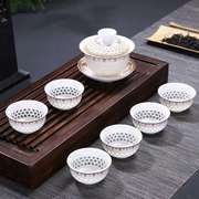 冰晶蜂巢玲珑陶瓷茶具整套镂空青花，金线功夫茶具盖碗茶杯套装