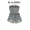 KAJIBU美式复古高腰牛仔连体裤女夏季设计感烫钻性感辣妹抹胸短裤
