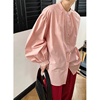 akmeng粉色灯笼袖衬衫女2023早春设计感宫廷风通勤圆领气质衬衣薄