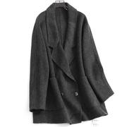 v891纯色宽松双排扣口袋西装，领双面绒冬季长袖，毛呢外套女大衣