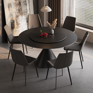 岩板圆形餐桌椅带转盘，意式极简小户型，现代简约轻奢家用黑色饭桌