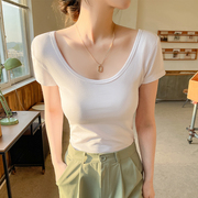 白色t恤女夏短袖(夏短袖，)常规低领露背2024修身纯棉u领半袖大领口上衣