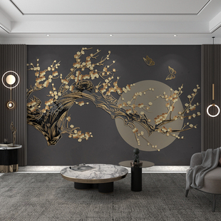 现代中式花好月圆客厅电视背景墙布，轻奢3d墙纸，8d立体浮雕梅花壁画