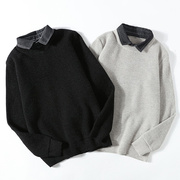 秋冬季衬衫领假两件衬衫，毛衣男士韩版潮流个性，保暖针织打底羊毛衫