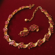 红宝石复古生日缎带项链，耳环无耳洞，翠法丽tirfari中古vintage