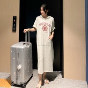 现韩国夏女装(夏女装，)棉燕麦色连帽休闲短袖，长款连衣裙通勤过膝t恤裙