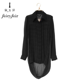 fairyfair黑色中长款个性，高端拼接圆弧，下摆雪纺衬衫衬衣