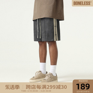 BONELESS侧边织带麂皮重磅短裤美式高街夏季抽绳男女休闲五分裤