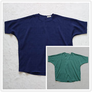 外贸日本品牌夏女士草绿深蓝色套头薄款蝙蝠五分袖宽松中长款衬衫