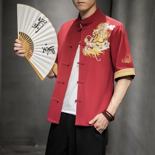 中国风撞色盘扣中袖唐装，男夏季中式复古龙纹刺绣宽松五分短袖衬衫