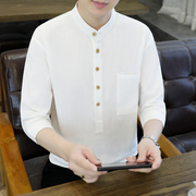 七分袖衬衫男夏季韩版潮流青年，男装亚麻短袖衬衣中袖棉麻男士寸衫