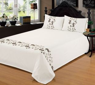 外贸全棉纯棉绣花刺绣米白色欧式简约1.5m1.8m床上用品床单三件套