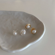 dupin小众设计不规则金属天然珍珠耳钉925银针个性简约百搭耳环