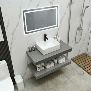 轻奢岩板台上陶瓷洗手盆，简约现代大理石浴室柜组合卫生间，洗漱台