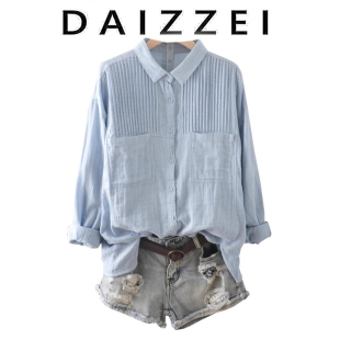daizzei~褶皱双口袋设计双层棉纱衬衫，女文艺气质休闲百搭上衣衬衣