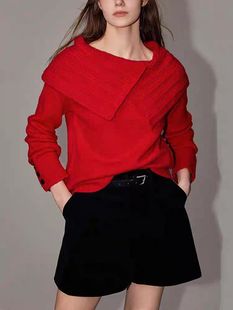 新年系列ELLE大翻领本命年红色毛衣女2024春设计感针织衫