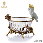 凤凰美居欧式水晶玻璃黄冠鹦鹉，果盘高脚铜底座，大号敞口铜边果盘盆