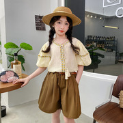 女童夏季套装2024大童韩版洋气国风泡泡袖，上衣儿童短裤两件套