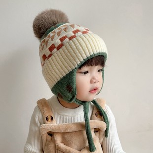 宝宝帽子秋冬款时尚毛球款护耳，针织帽冬季男童女孩加厚保暖毛线帽