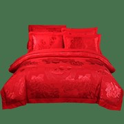 喜嫁大红色结婚床上用品四件套纯棉贡缎提花婚庆床单被套2.2X2.4