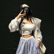 韩国女装24夏季 时尚纯色垫肩系带开衫上衣+抹胸背心两件套装