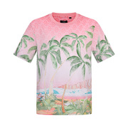 RARE威雅男装 夏季男士宽松版圆领粉绿色满版印花款短袖T恤