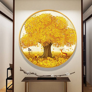 黄金满地发财树圆形装饰画现代入户门玄关过道餐厅摇钱树客厅挂画