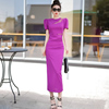 大牌高端精致紫色连衣裙夏季气质女装高级感正式场合修身包臀裙子