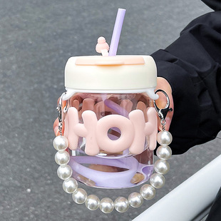 可爱字母双饮玻璃水杯女生珍珠手链颜值咖啡杯便携耐温带吸管