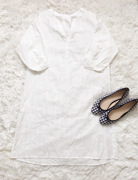 日单贵牌女装纯棉，竖条纹长款衬七分袖中袖衬衫连衣裙白色秋装