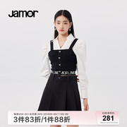 jamor黑白撞色针织衫，女春季针织，拼接时尚气质通勤上衣加末