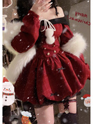 跨年圣诞节战袍酒红色，一字肩长袖蓬蓬连衣裙短裙，生日聚会小礼裙女
