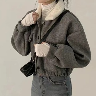 韩国chic秋冬法式减龄毛毛领，单排扣宽松百搭长袖，收腰短款毛呢外套