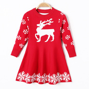 圣诞女童红色喜气毛衣裙(毛，衣裙)洋气卡通麋鹿，提花纯棉线连衣裙christmas