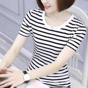 韩国白色短袖条纹t恤女夏2024气质时尚宽松优雅洋气漂亮上衣
