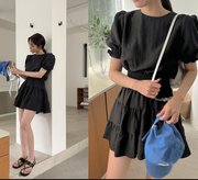 cmykorea韩国东大门女装，泡泡袖黑色，小礼服分体式连衣裙