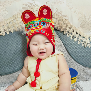 虎头帽婴儿纯手工老虎帽2024春季男女宝宝满月周岁中国风帽子