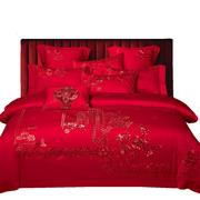 140s支全棉长绒棉婚庆四件套被套大红色床上用品新中式结婚十件套