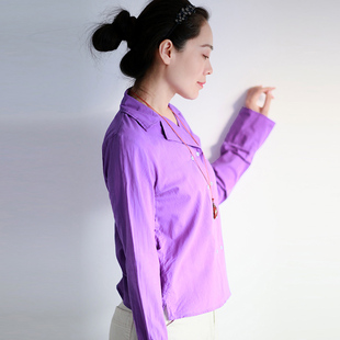 原创设计小众柔软纯棉纯色小西服领单排双扣通勤长袖女衬衫HS657