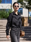 黎姿复古时尚黑色蝙蝠袖衬衫女休闲宽松设计感通勤百搭长袖上衣