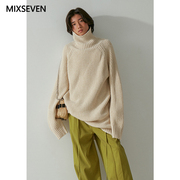 mixseven原创设计秋冬款喷流白高领(白高领)毛衣，慵懒风兔毛宽松上衣情侣款