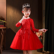 女童连衣裙春秋款网袖儿童公主裙红色礼服蕾丝3-13岁花童装蓬蓬裙